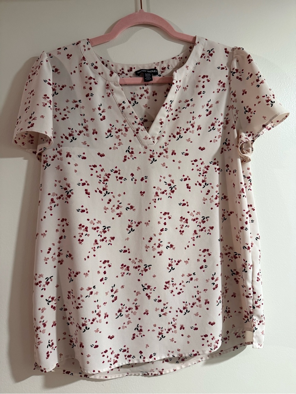 Hilary Radley Cream Short-Sleeve V-Neck Blouse with Red Floral Print